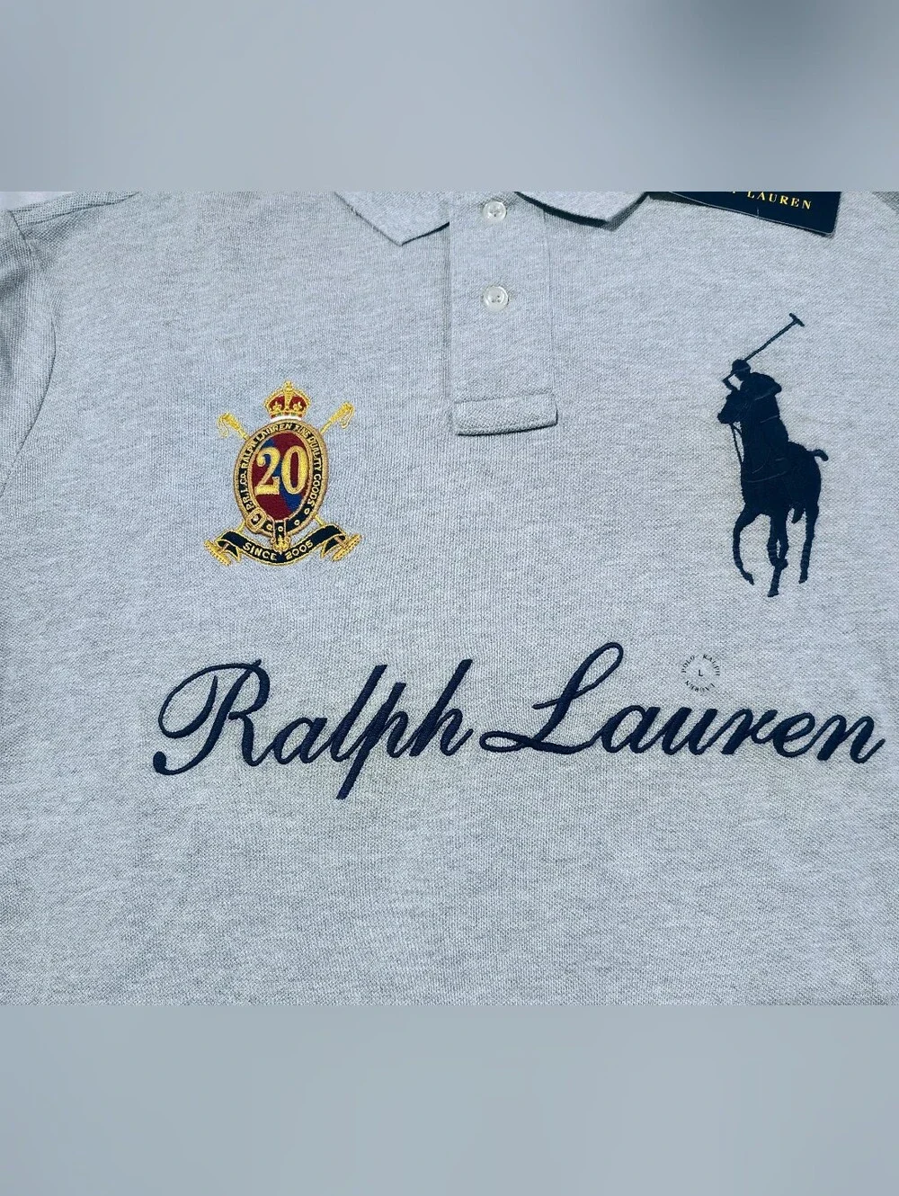 Ralph Lauren Light Gray Polo with Navy Logo and Gold Crest Size Large NWT